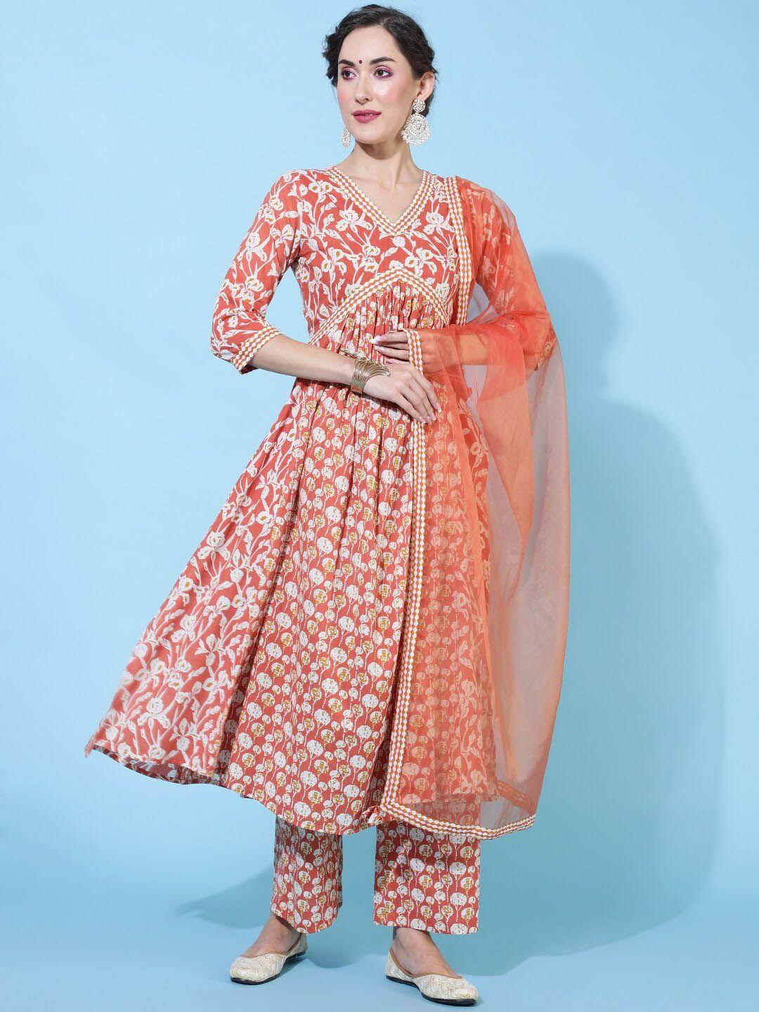 aadat floral printed empire pure cotton kurta with palazzos & dupatta