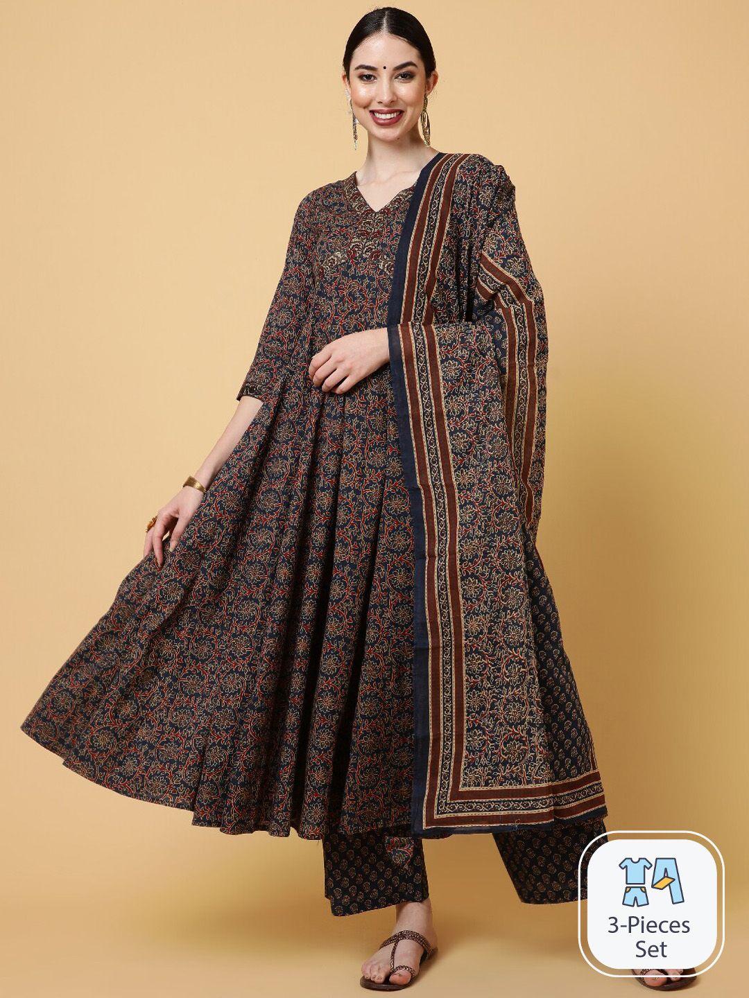 aadat floral printed pure cotton anarkali kurta & palazzos with dupatta