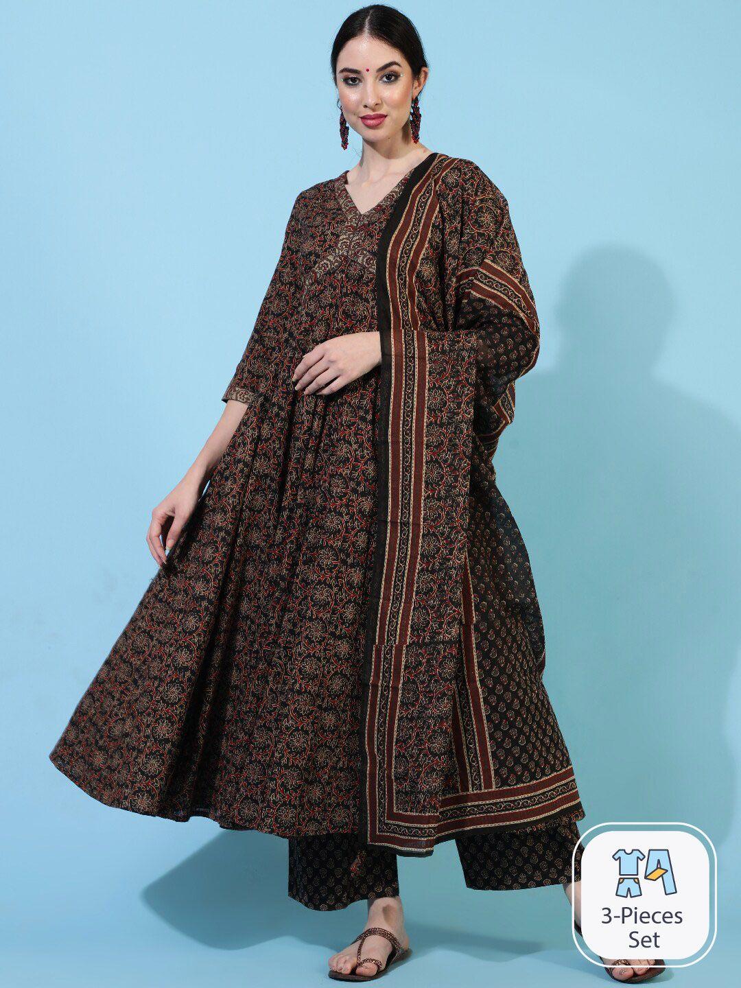 aadat floral printed regular pure cotton anarkali kurta with palazzos & dupatta