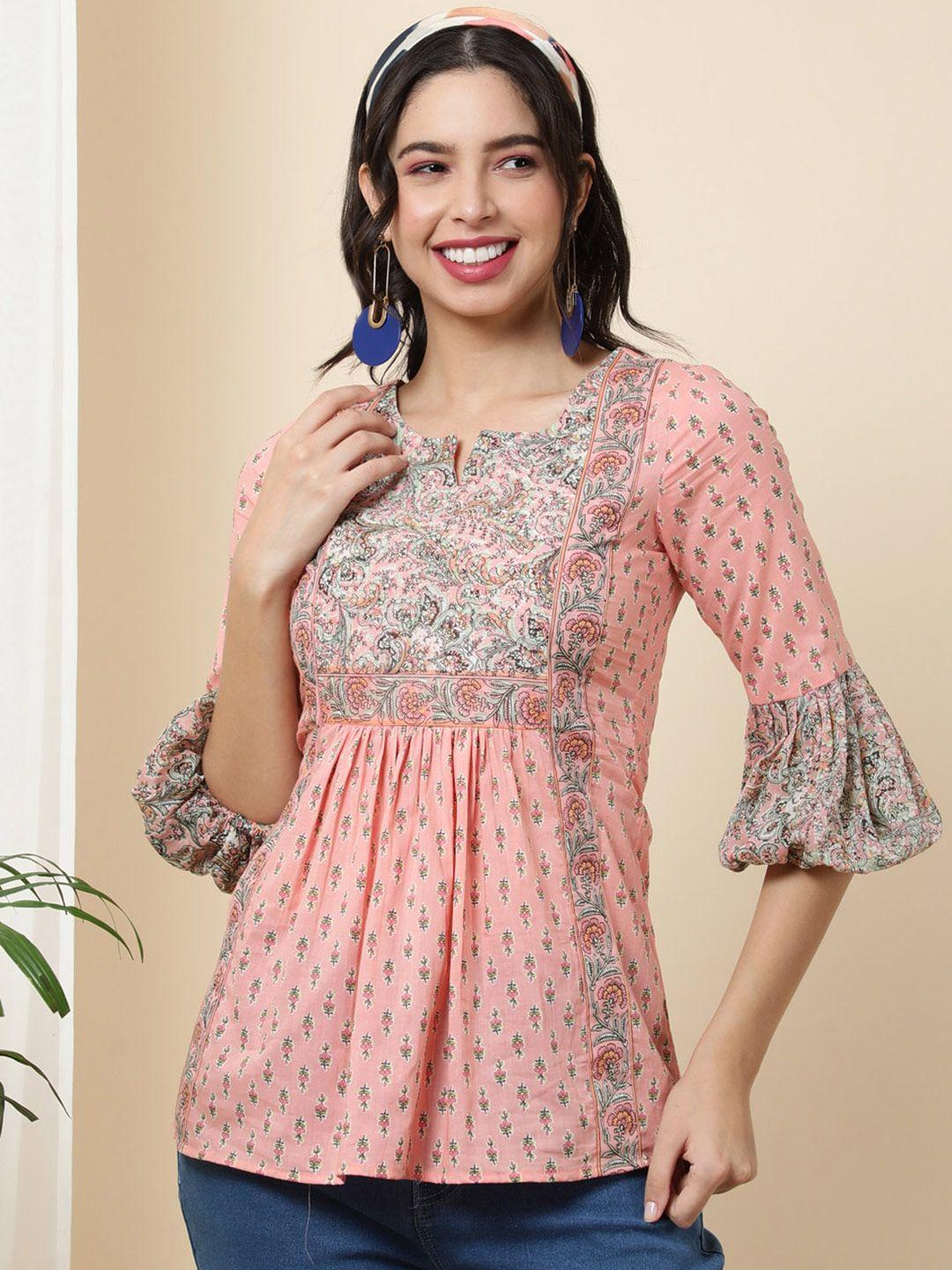 aadat peach-coloured floral print cotton top