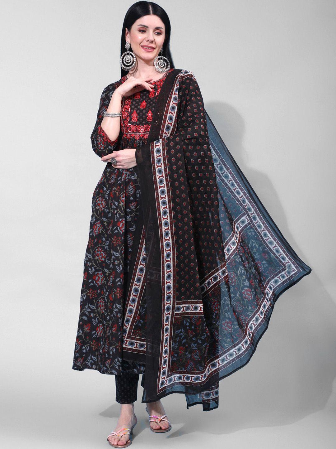 aadat women black embroidered regular pure cotton kurta with palazzos & with dupatta