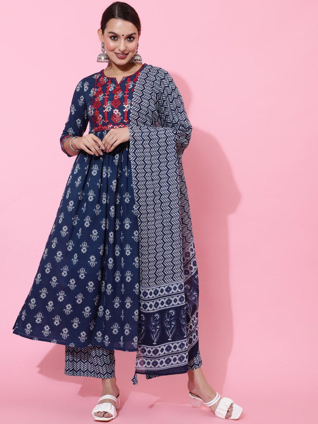 aadat women blue embroidered regular pure cotton kurta with palazzos & with dupatta