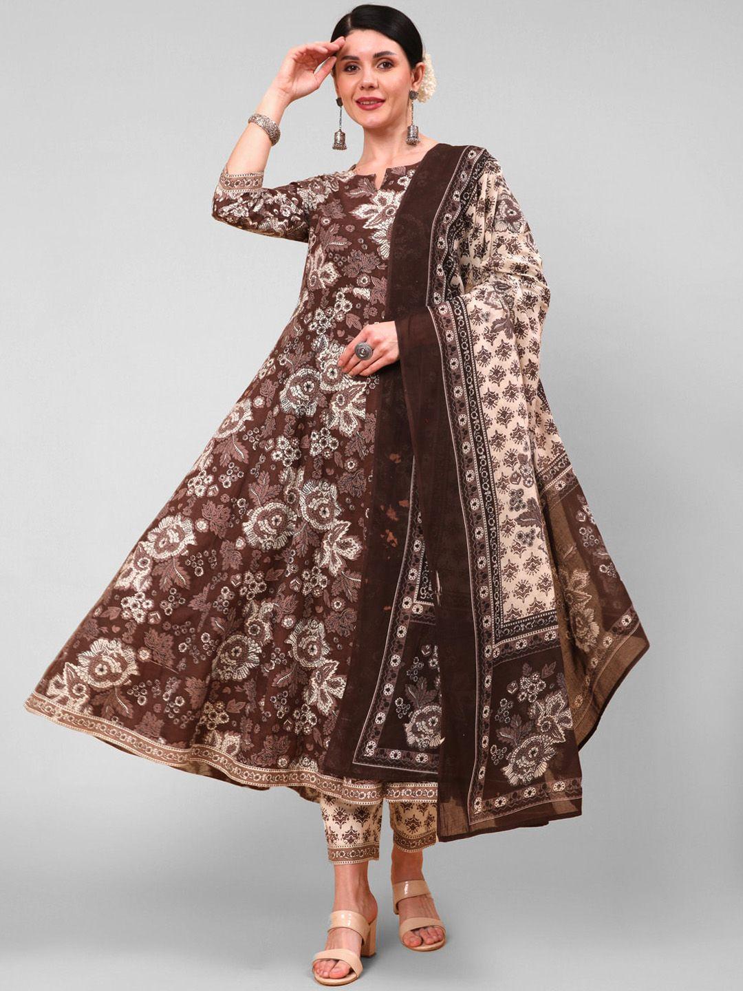 aadat women brown embroidered regular pure cotton kurta with palazzos & with dupatta