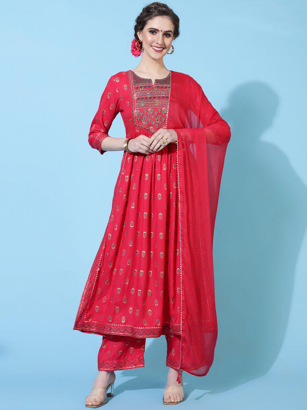 aadat women coral embroidered regular pure cotton kurta with palazzos & with dupatta