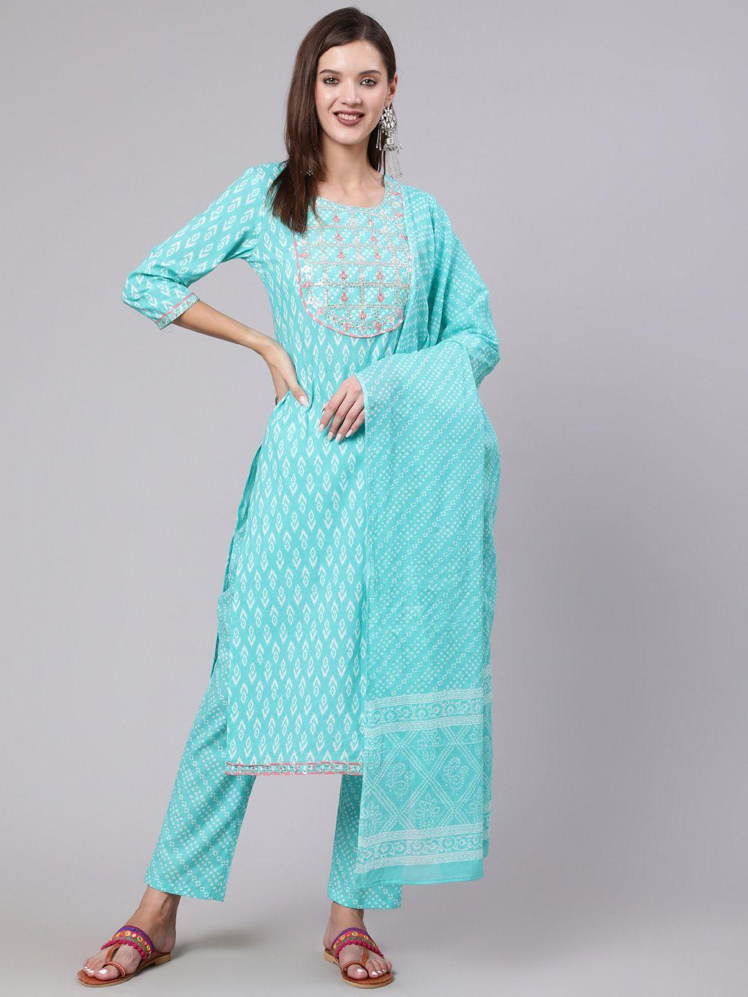 aadat women green embroidered regular pure cotton kurta with palazzos & with dupatta