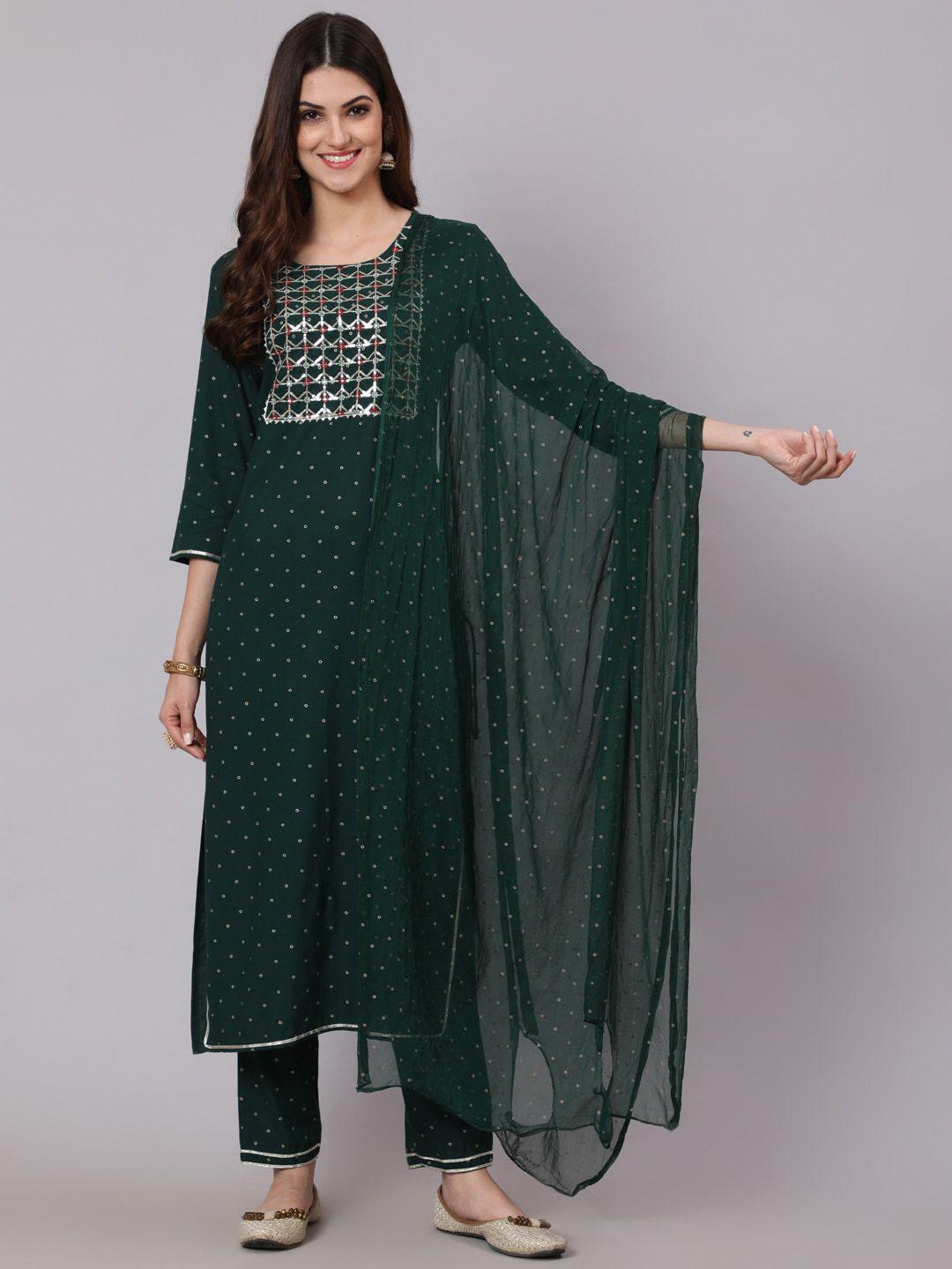 aadat women green embroidered regular pure cotton kurta with palazzos & with dupatta