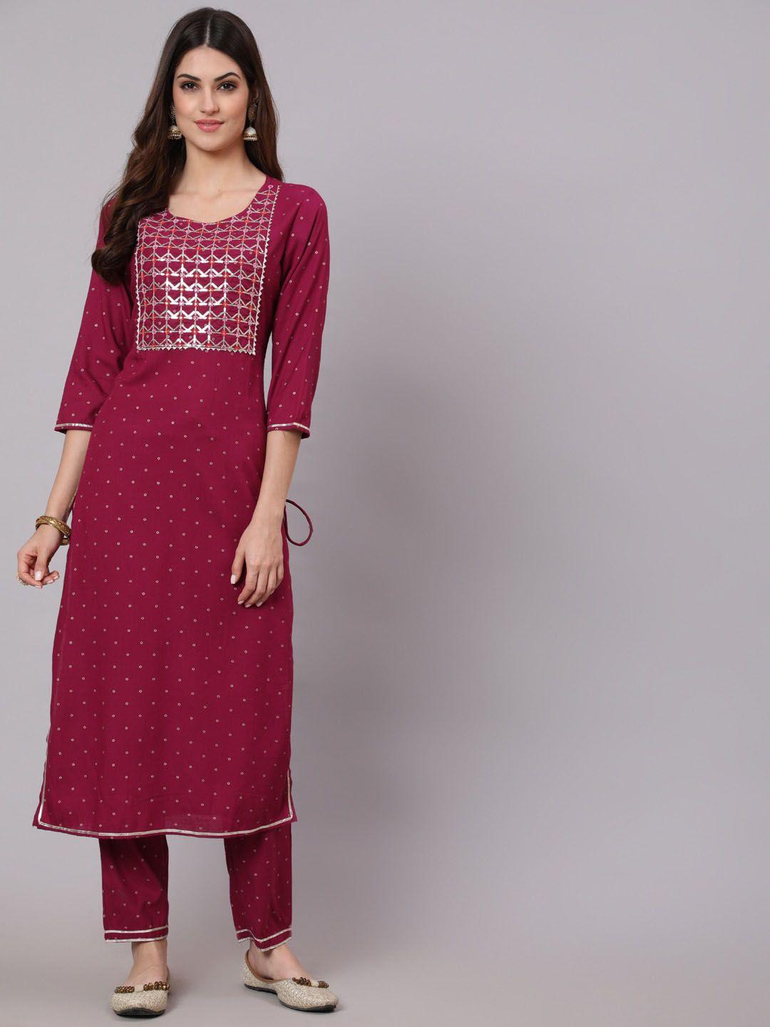 aadat women lavender embroidered regular pure cotton kurta with palazzos & with dupatta