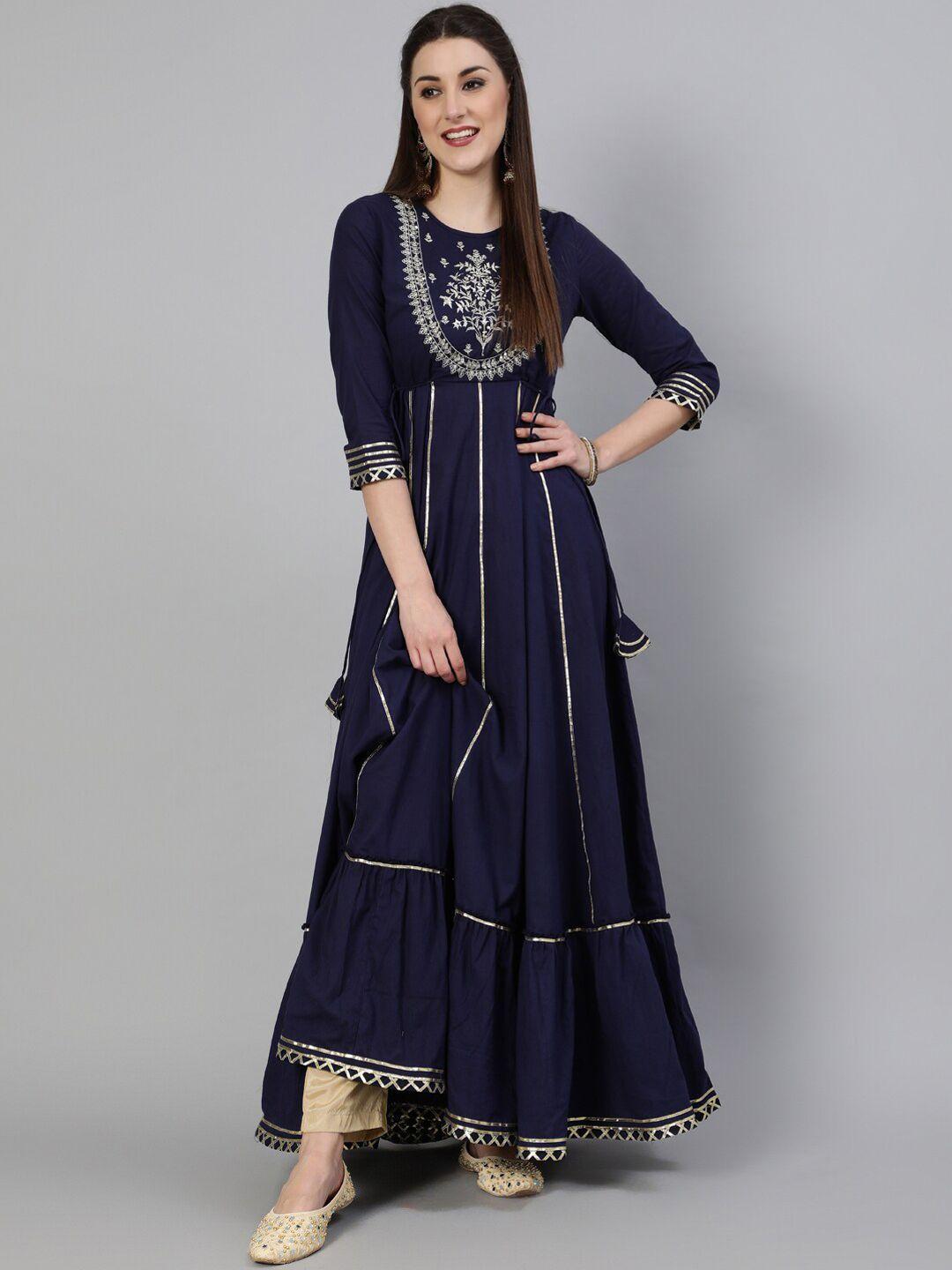 aadat women navy blue floral printed anarkali kurta