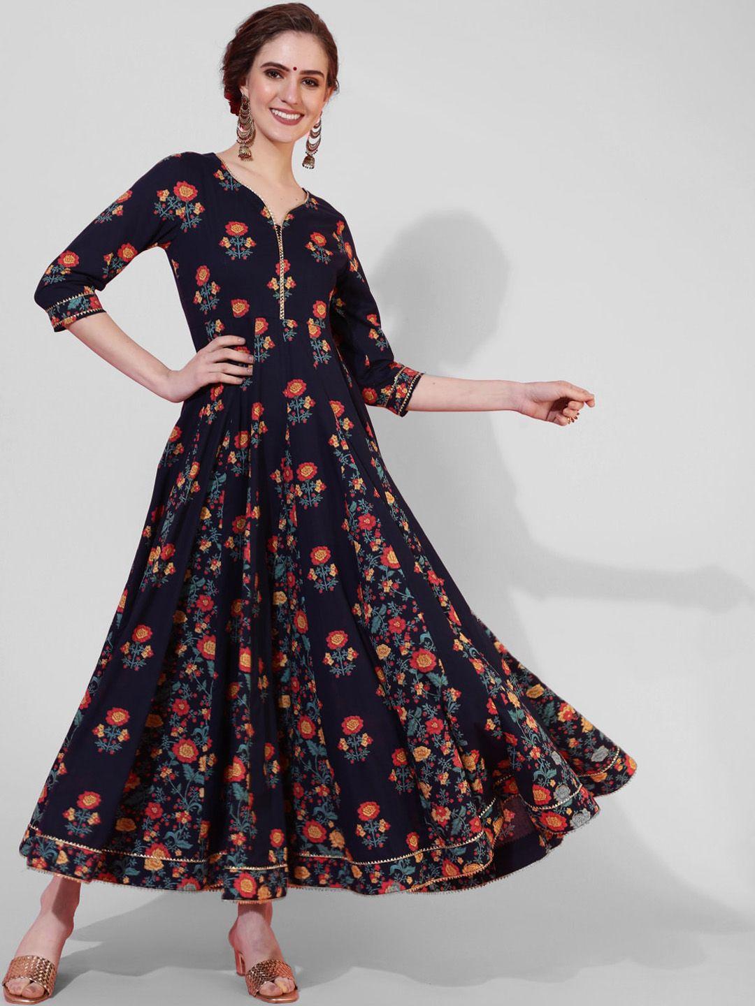 aadat women navy blue floral printed anarkali kurta