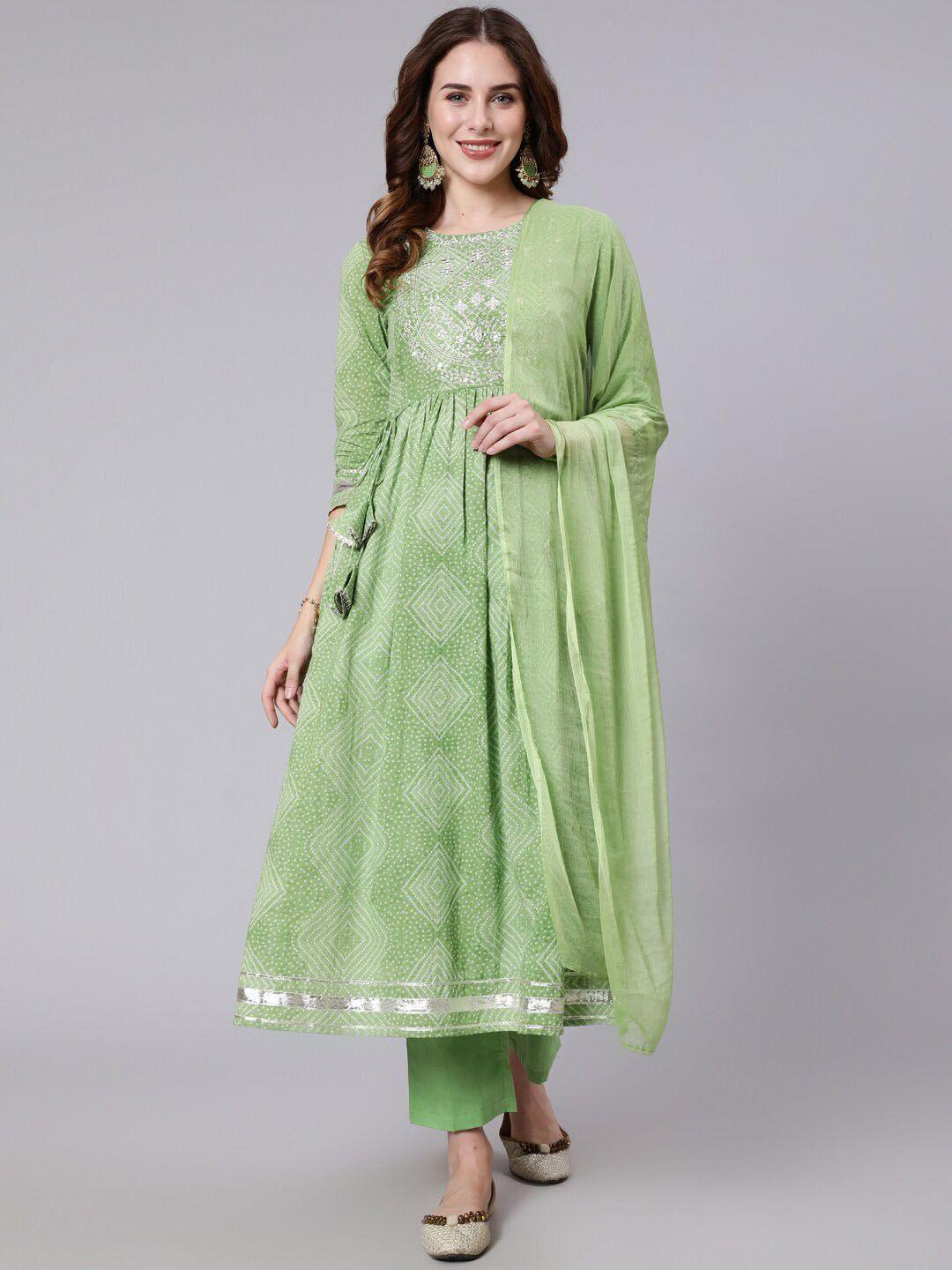 aadat women olive green embroidered regular pure cotton kurta with palazzos & with dupatta