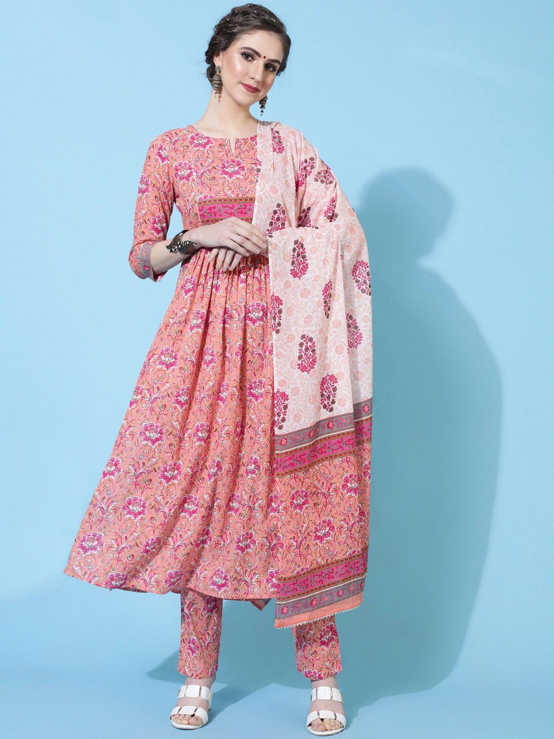 aadat women peach-coloured embroidered regular pure cotton kurta with palazzos & with dupatta