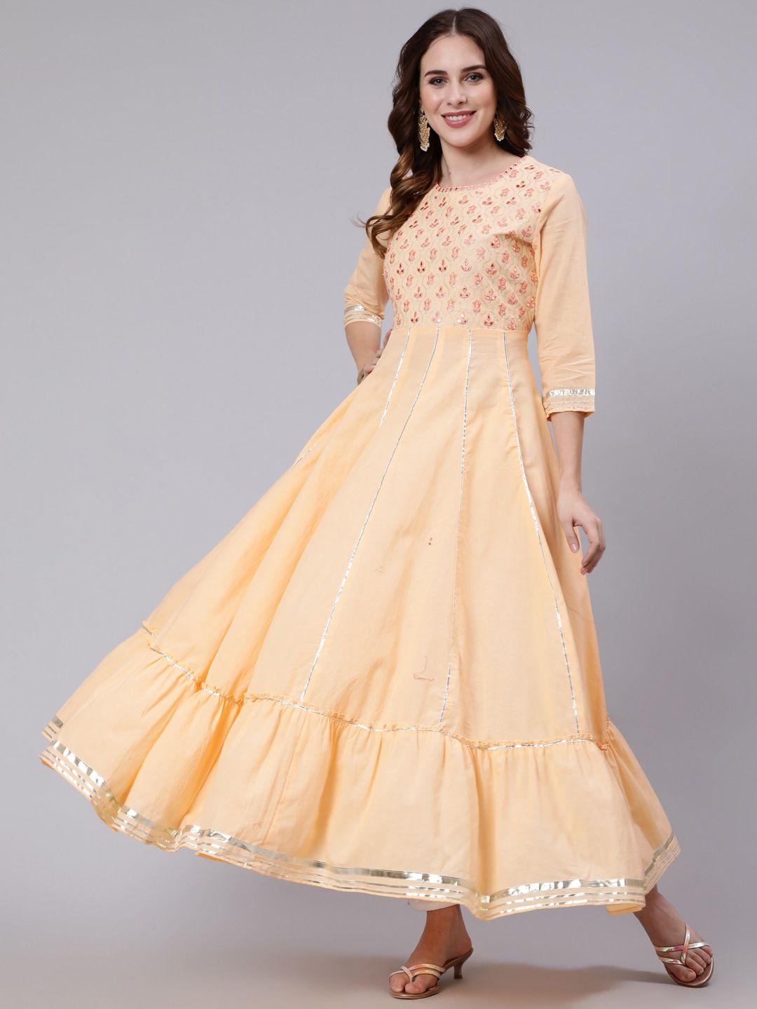 aadat women peach-coloured floral printed anarkali kurta