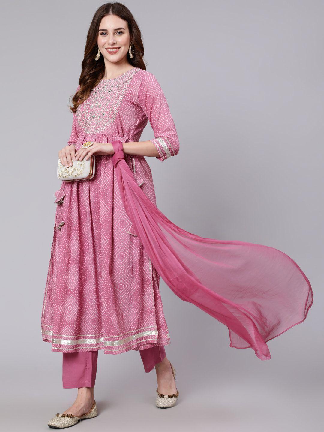 aadat women pink embroidered regular pure cotton kurta with palazzos & with dupatta