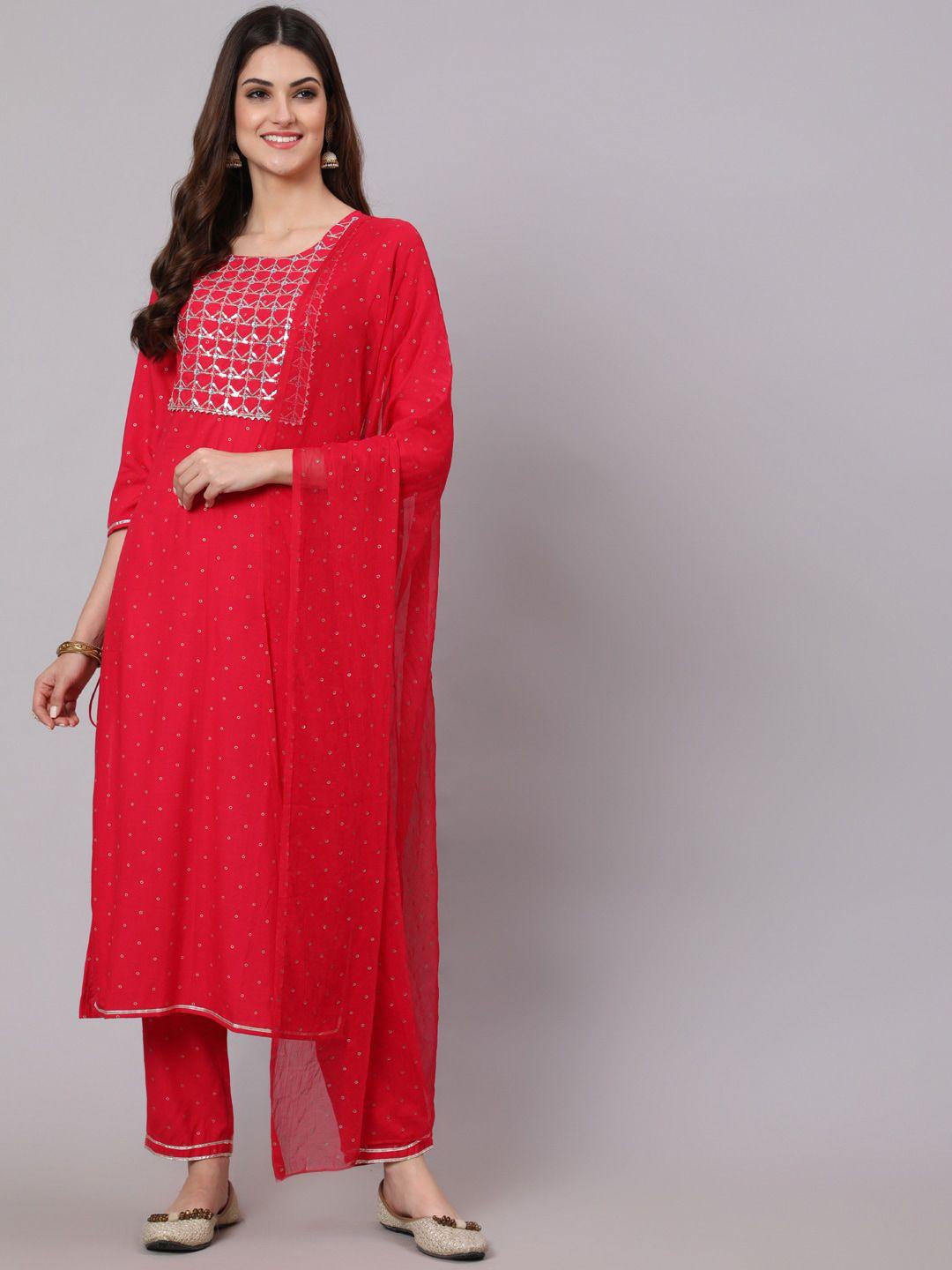 aadat women red embroidered regular pure cotton kurta with palazzos & with dupatta