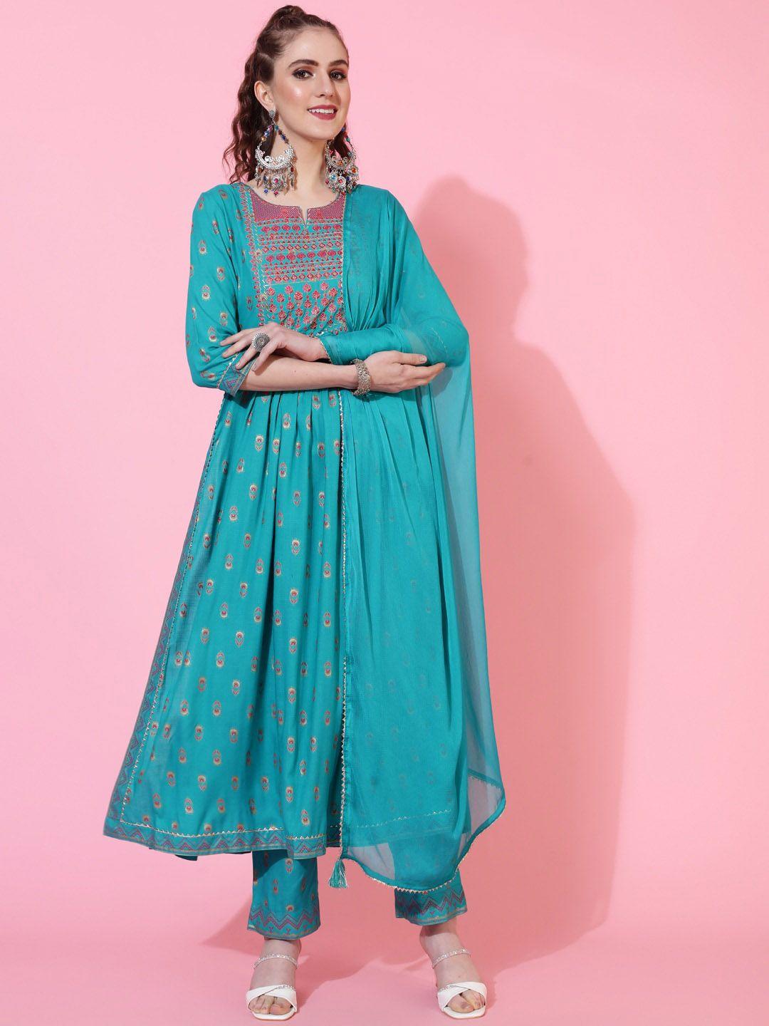 aadat women sea green embroidered regular pure cotton kurta with palazzos & with dupatta