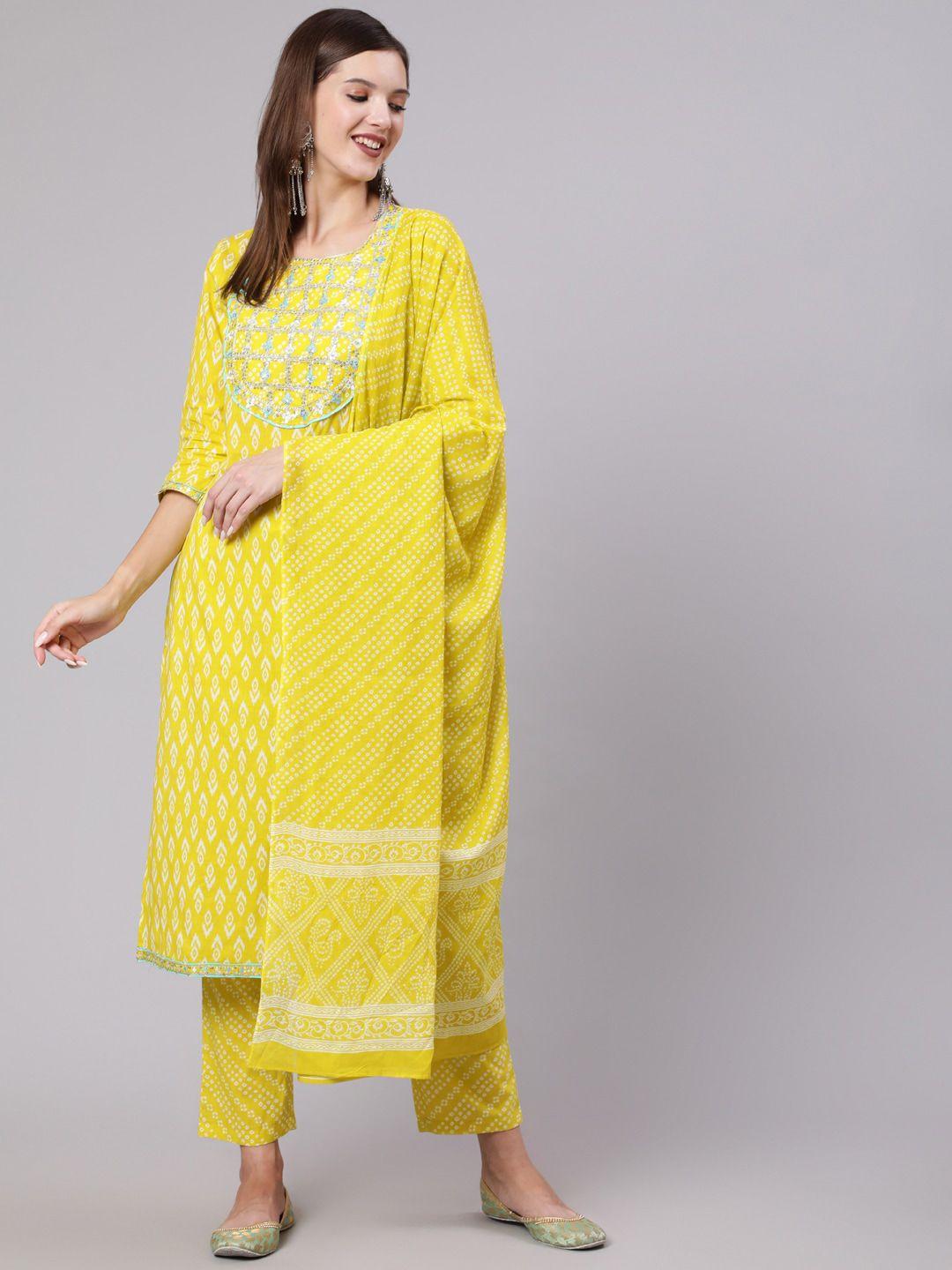 aadat women yellow embroidered regular pure cotton kurta with palazzos & with dupatta