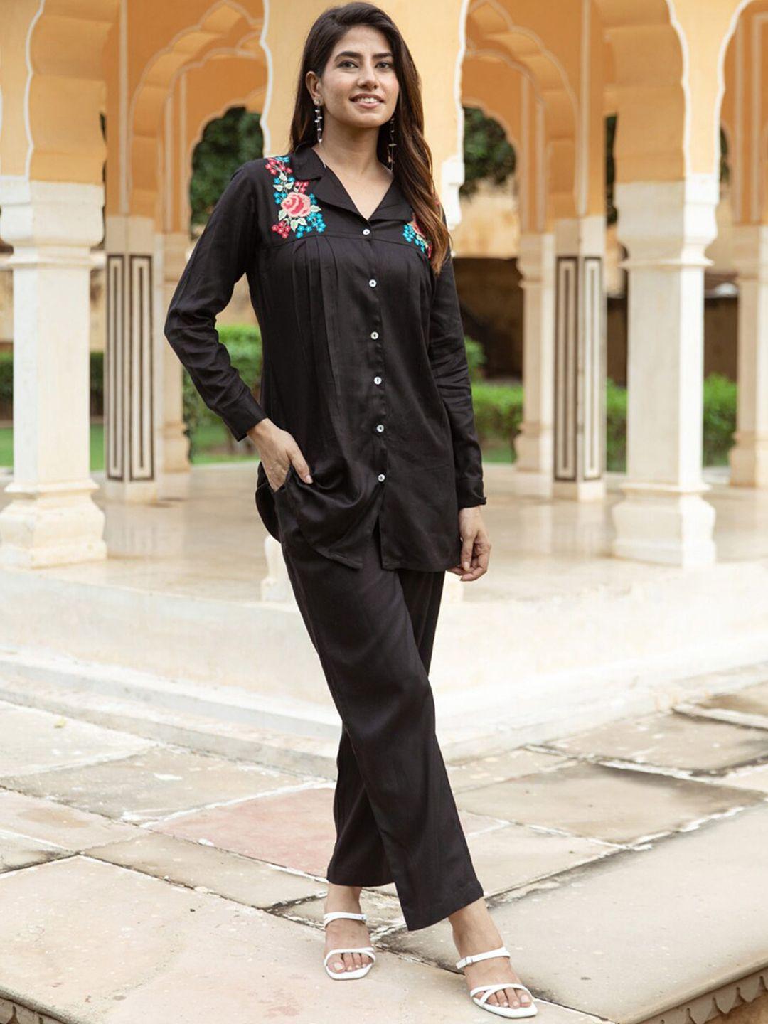 aadews floral embroidered longline shirt with trousers