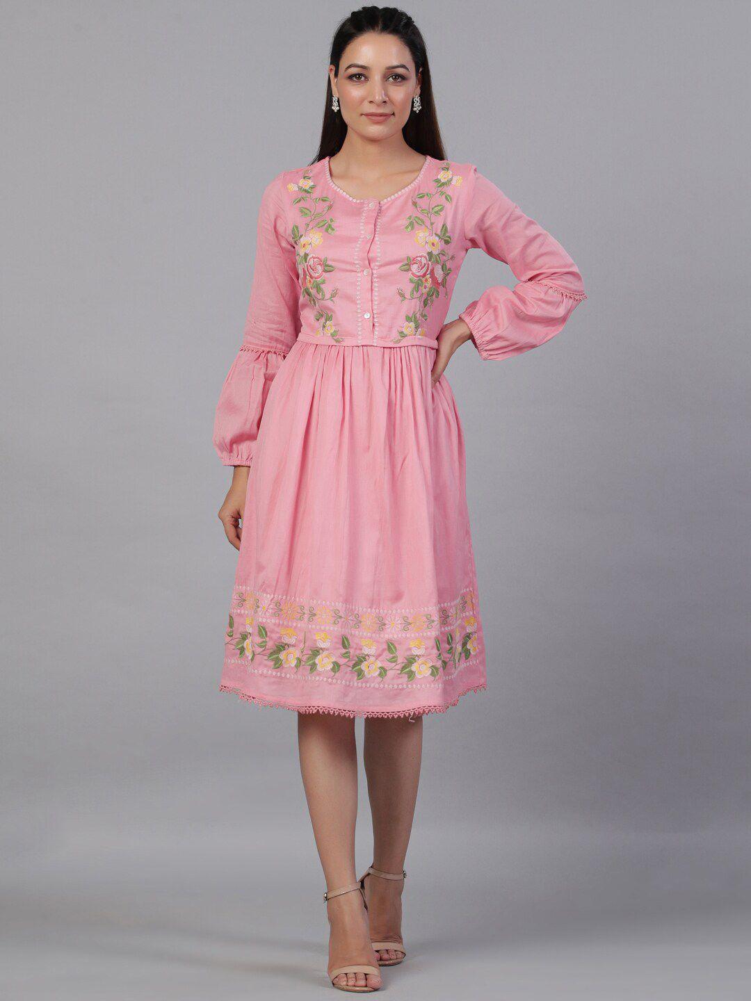 aadews embroidered cuffed sleeves  fit & flare ethnic dress