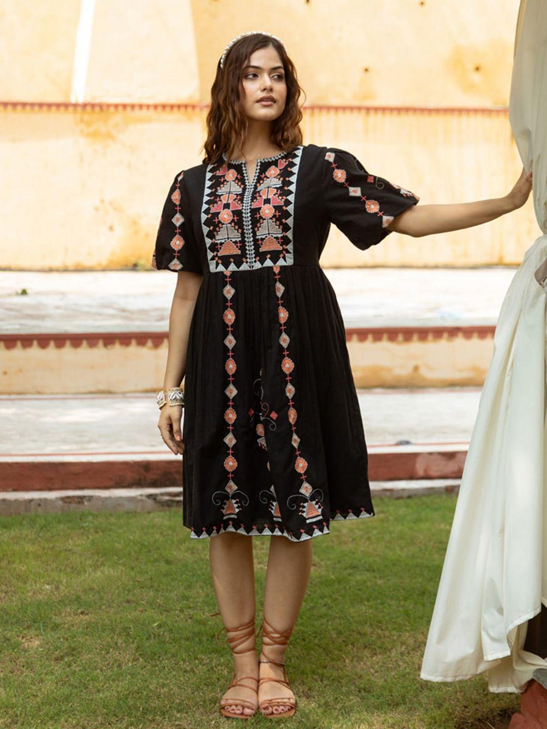 aadews embroidered round neck puff sleeves fit&flare cotton dress