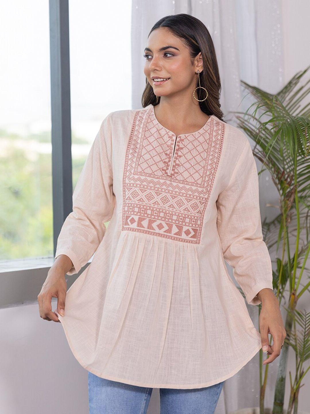 aadews ethnic motifs embroidered cuffed sleeves cotton top
