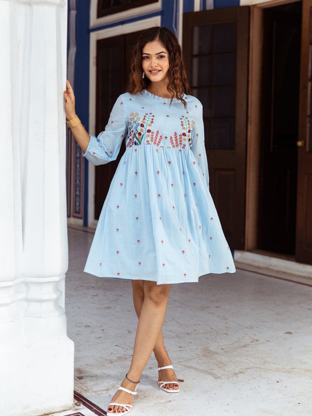 aadews ethnic motifs embroidered puff sleeves cotton a-line dress