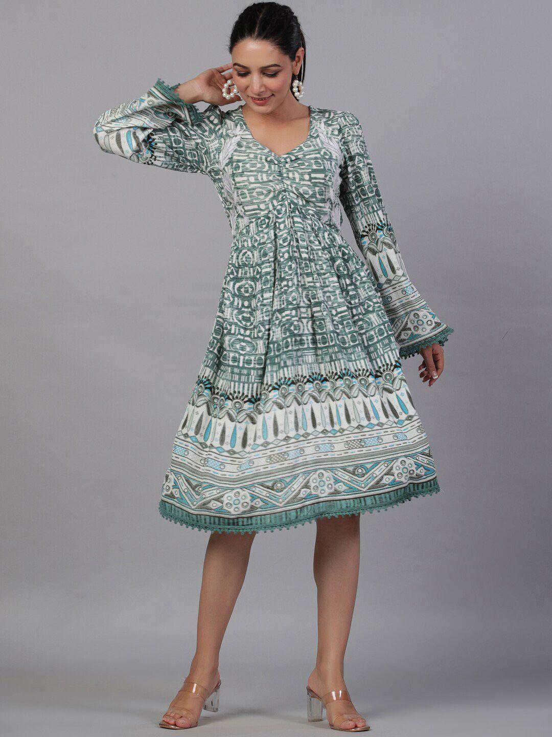 aadews ethnic motifs printed bell sleeves a-line dress