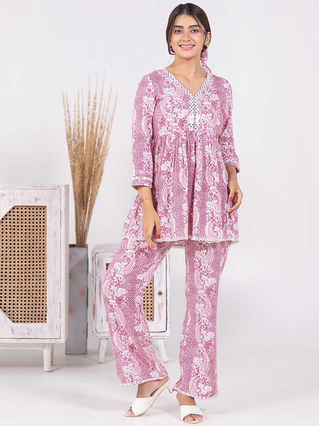 aadews ethnic motifs printed empire kurti with trousers