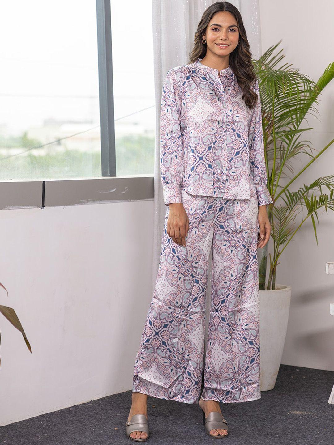 aadews ethnic motifs printed pure silk shirt & trousers