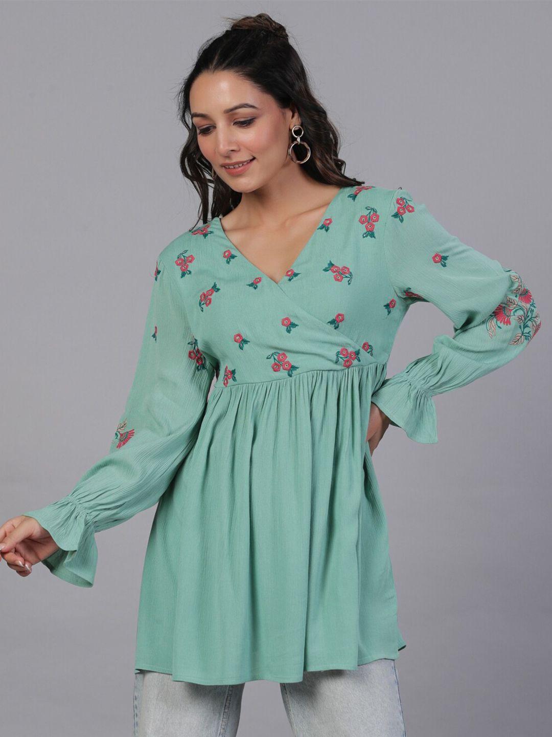 aadews floral embroidered bell sleeves gathered a-line longline top