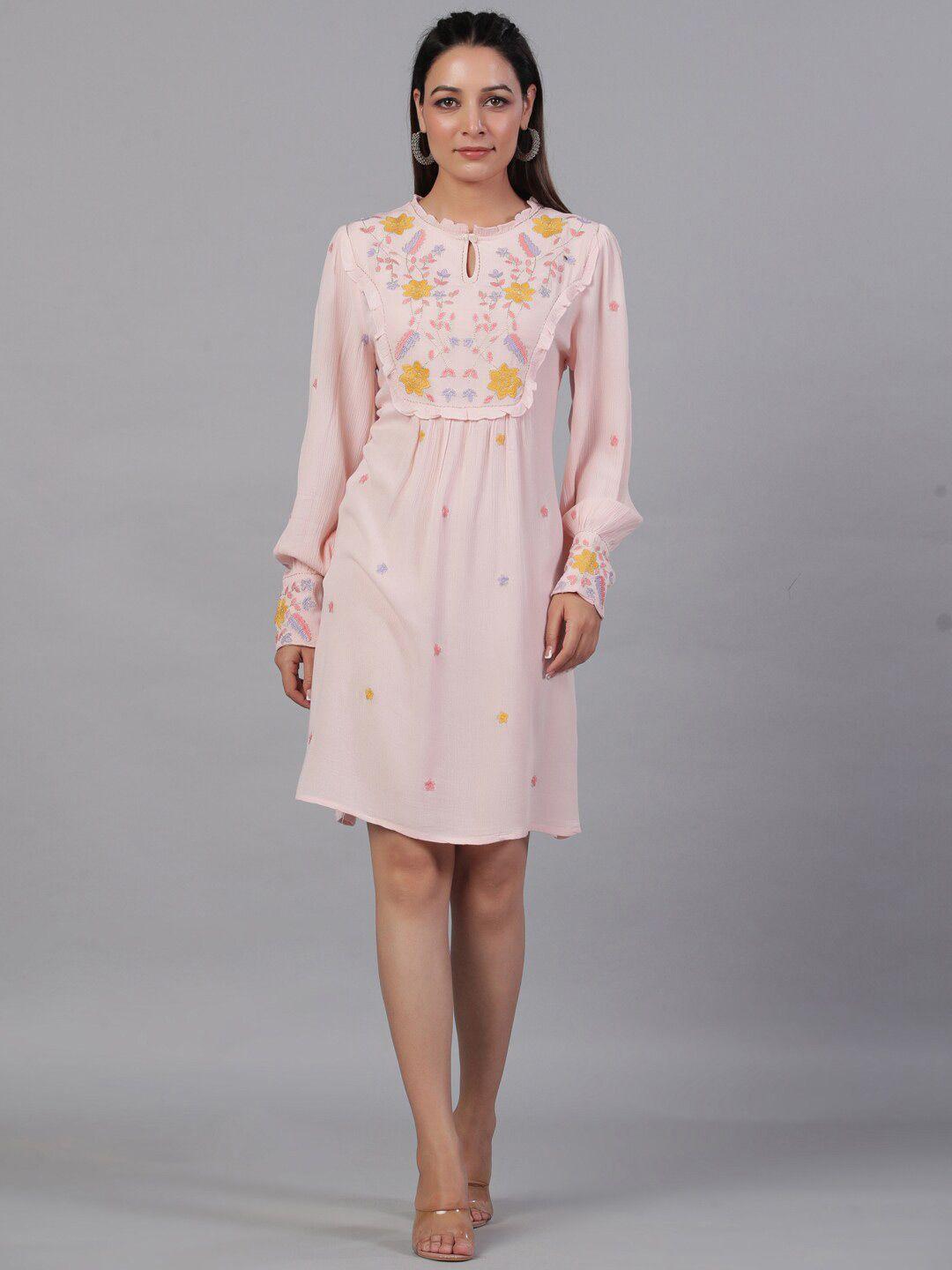 aadews floral embroidered keyhole neck cuffed sleeve gathered a-line dress