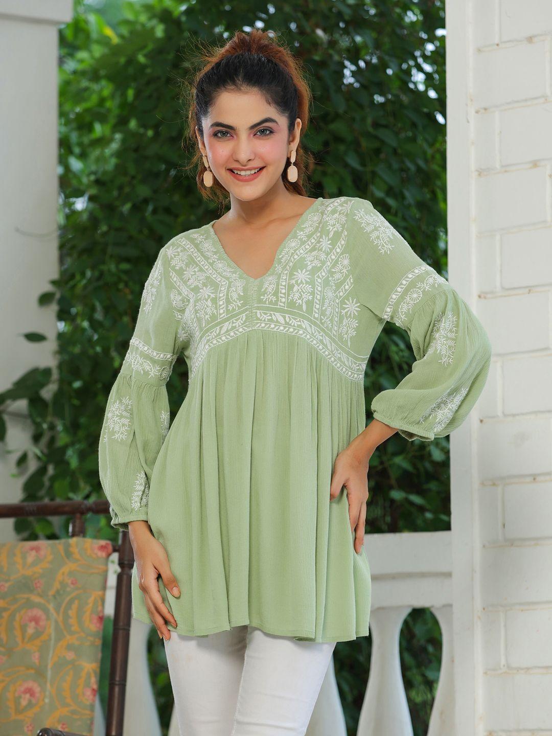 aadews floral embroidered puff sleeves gathered a-line top