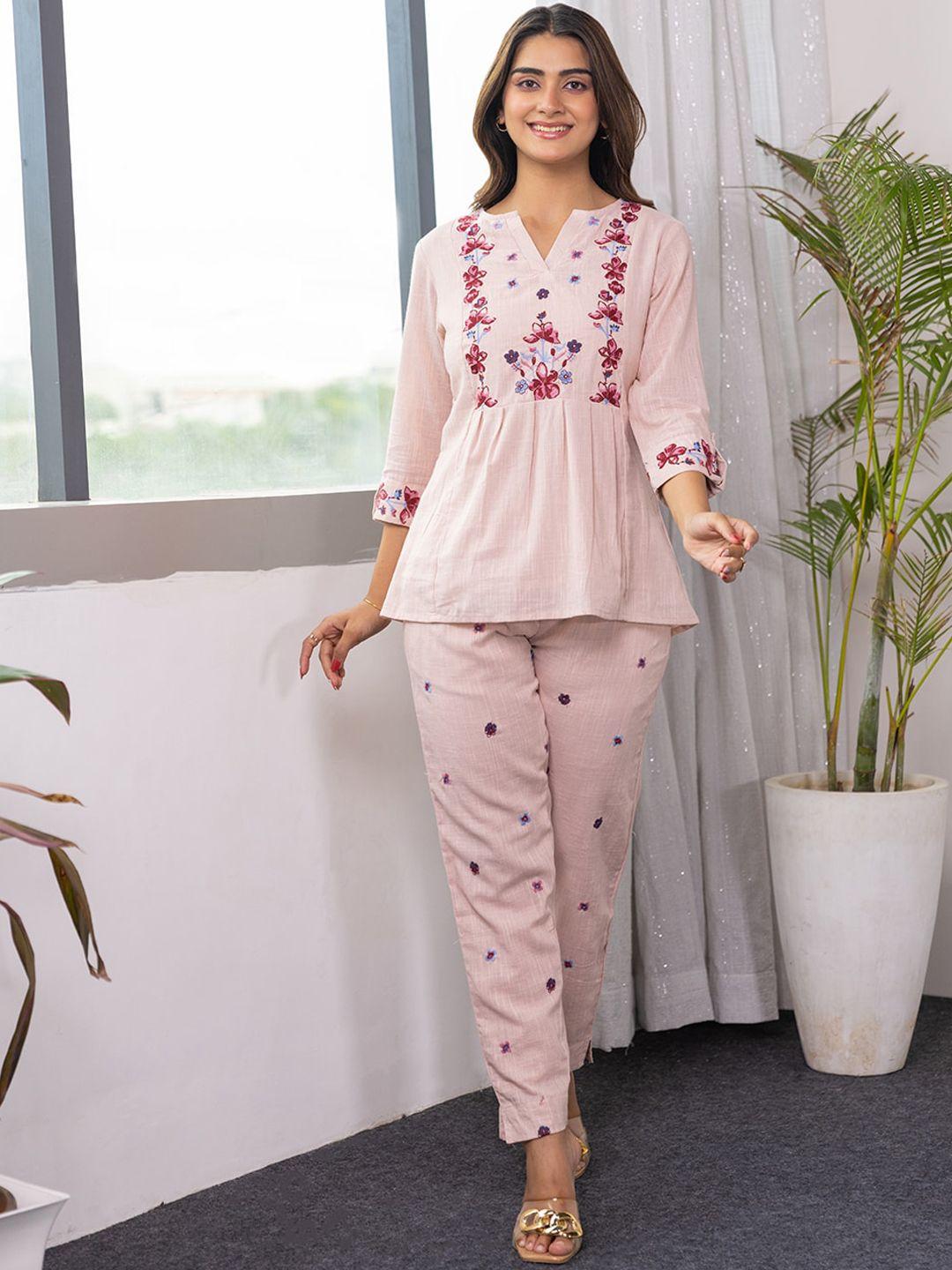 aadews floral embroidered pure cotton top & trouser