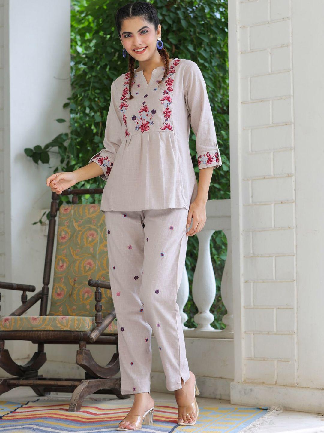 aadews floral embroidered pure cotton top & trousers