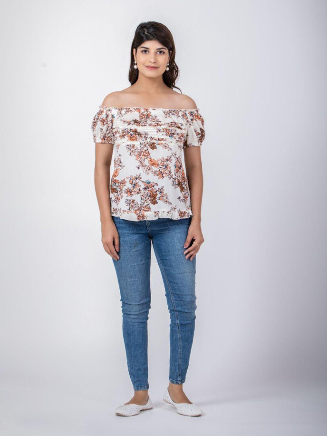 aadews floral printed off-shoulder cotton bardot top