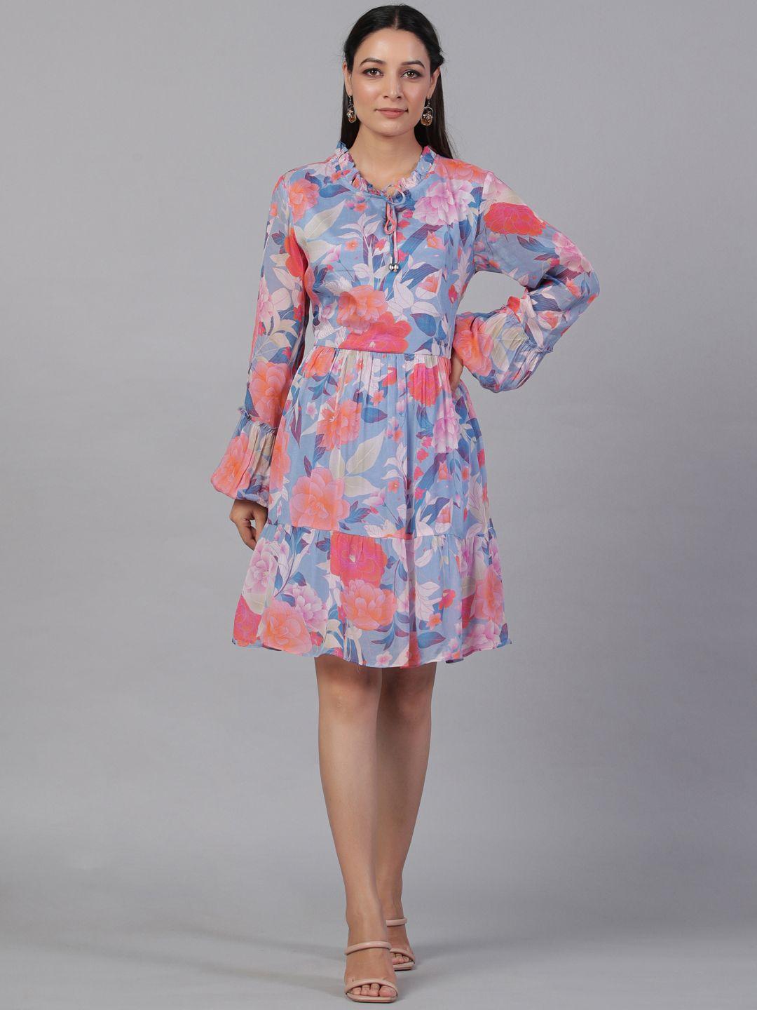 aadews floral printed tie-up neck cuffed sleeves fit & flare dress