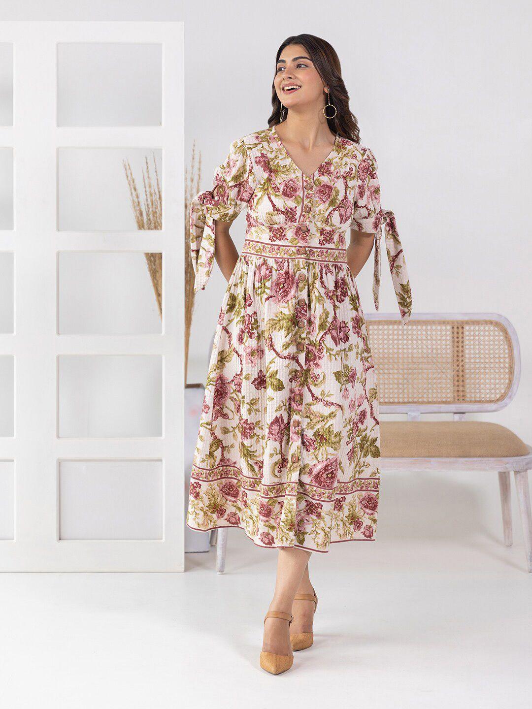 aadews floral printed v-neck puff sleeve a-line midi dress