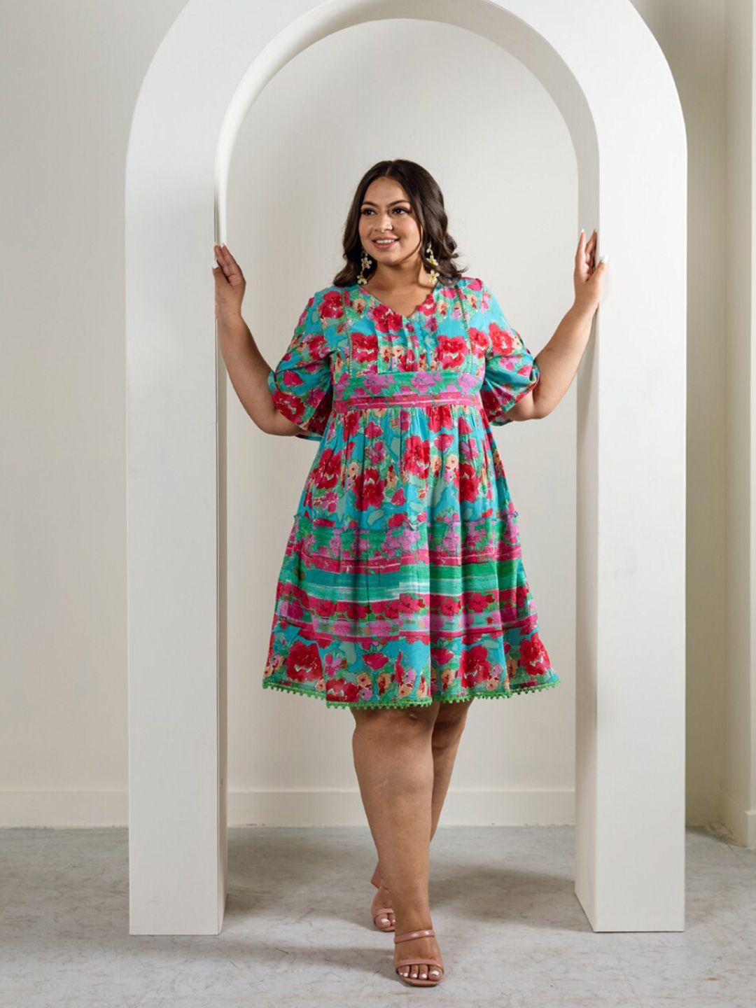 aadews plus size floral printed pleated detail fit & flare dress