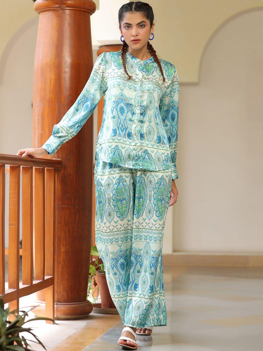 aadews printed mandarin collar shirt & trousers pure silk co-ords