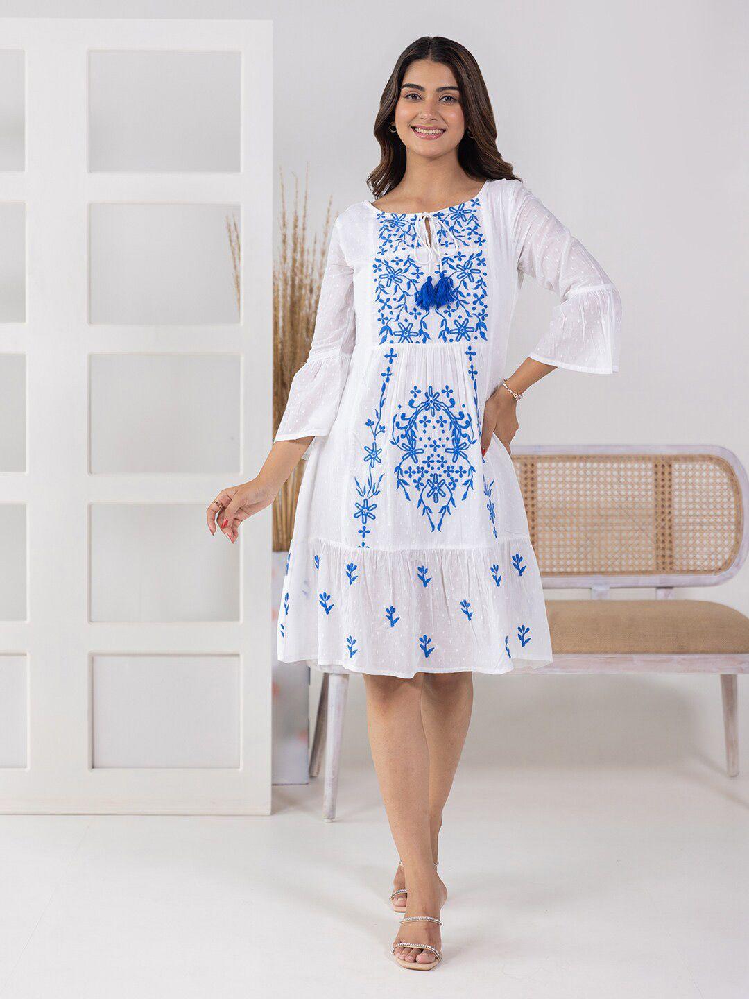 aadews white floral print bell sleeve a-line dress