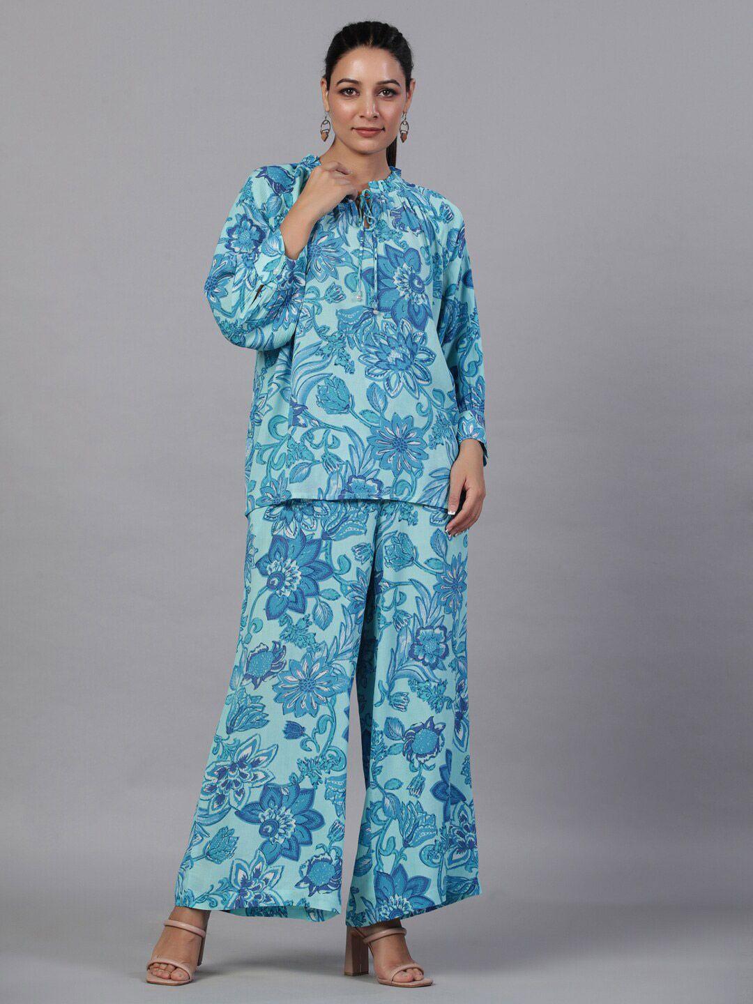 aadews women blue printed top with palazzos