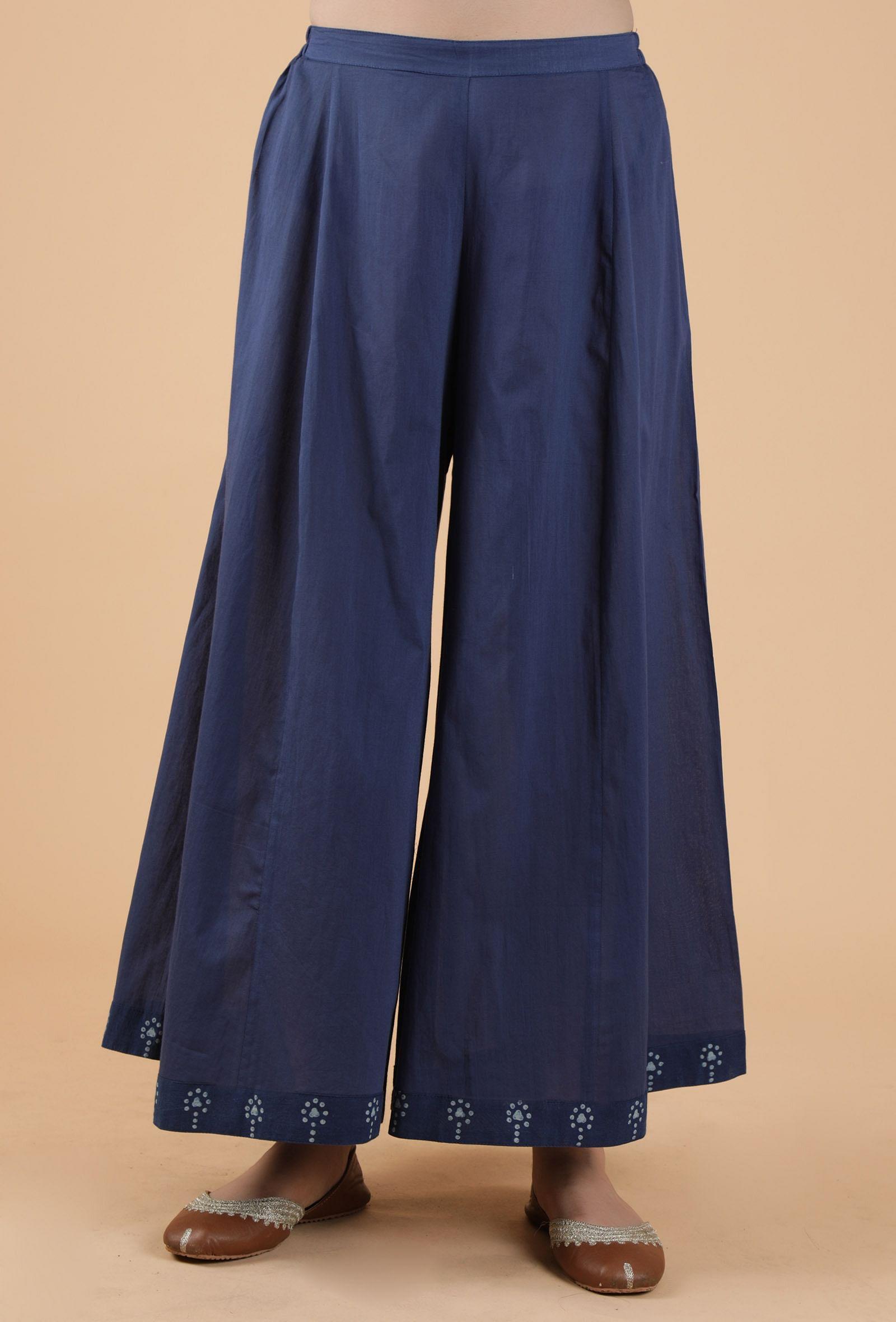 aadhila indigo solid blue flared kalidar palazzo pants with print border