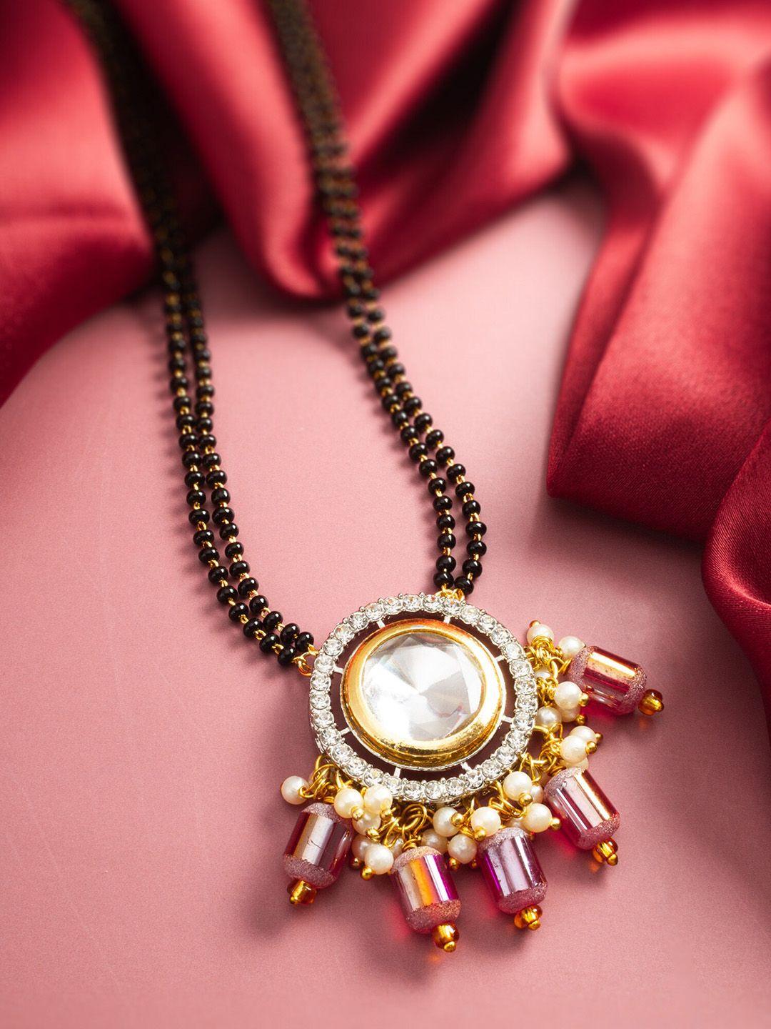 aadita gold plated floral shaped kundan studded & pearls beaded mangalsutra