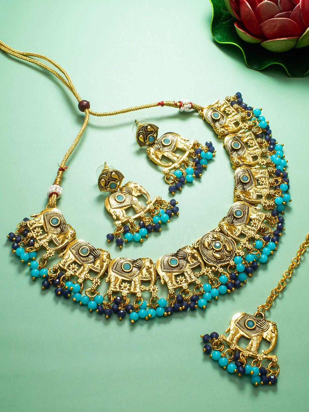 aadita gold-plated kundan studded & beaded jewellery set