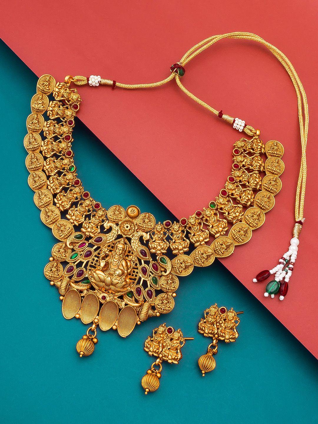 aadita gold-plated red & green stone-studded & beaded temple jewellery set