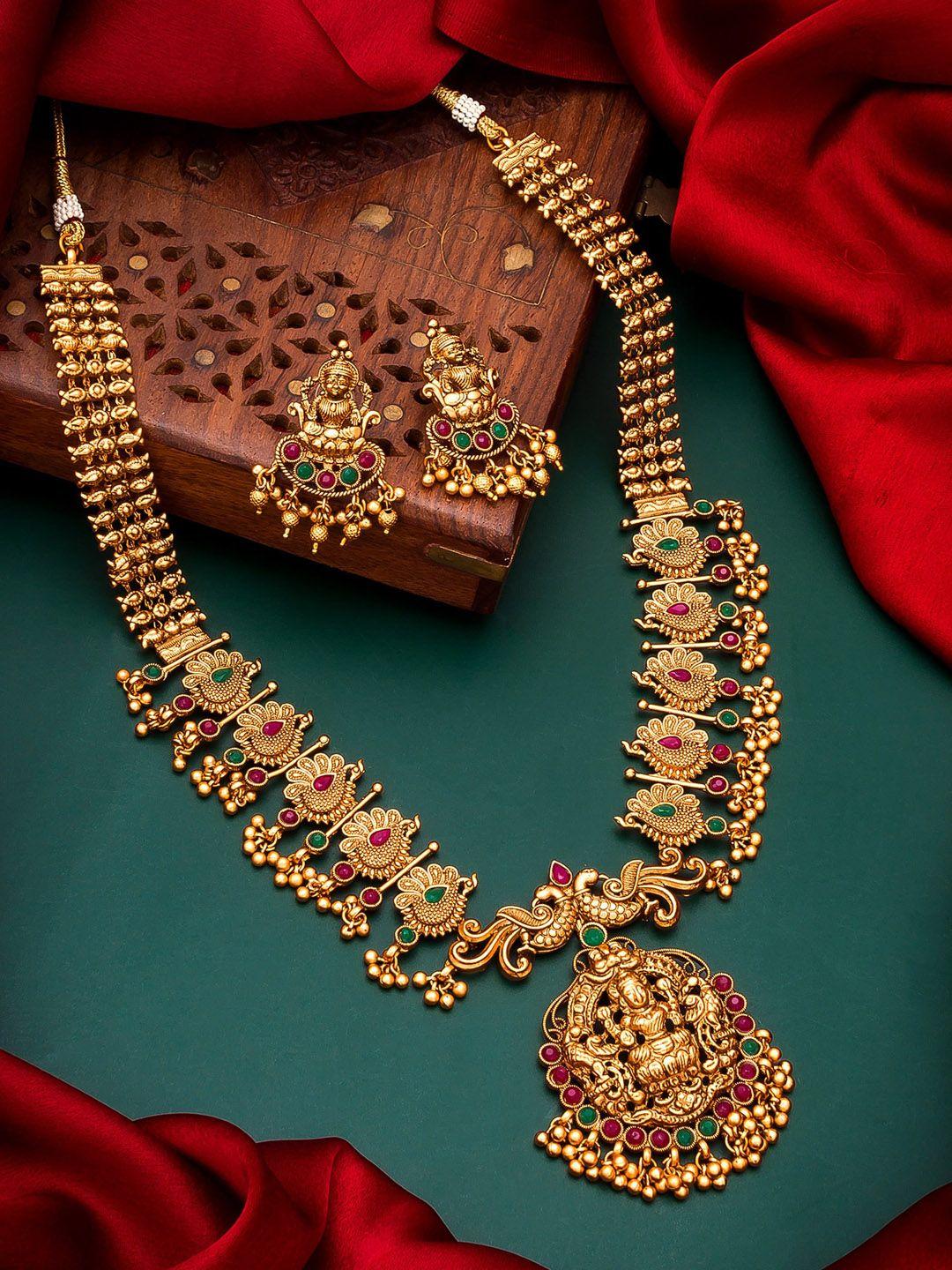 aadita pink & green gold-plated pearl-studded temple jewellery set