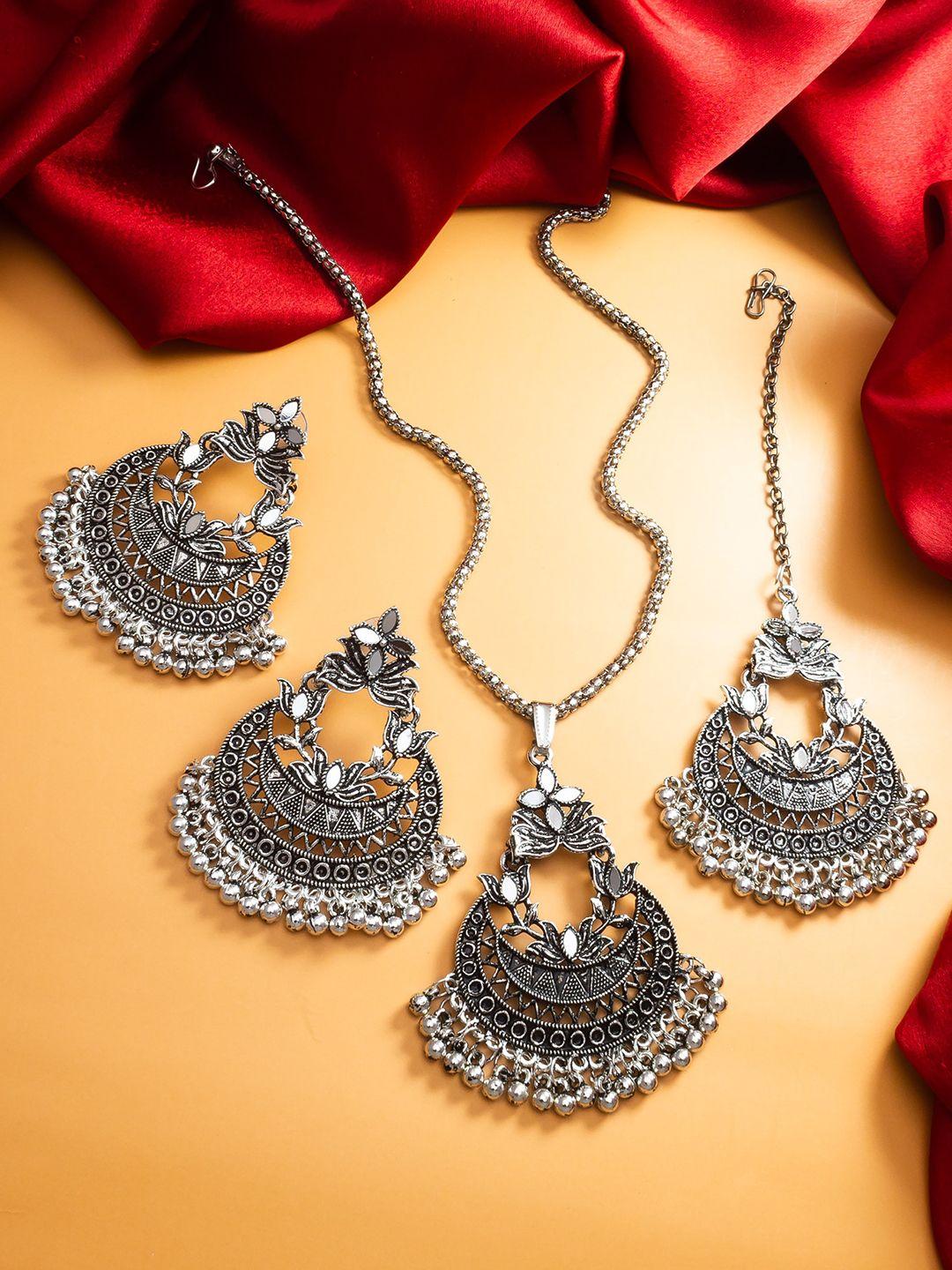 aadita silver-plated stone-studded & oxidised choker jewellery set