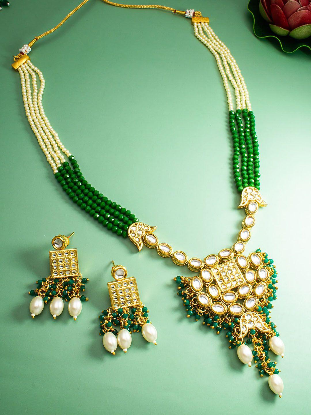 aadita stone studded & pearl beaded silver jewellery set