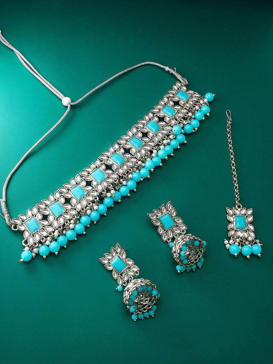 aadita women german oxidised tribal silver pearl and stones choker jewellery set