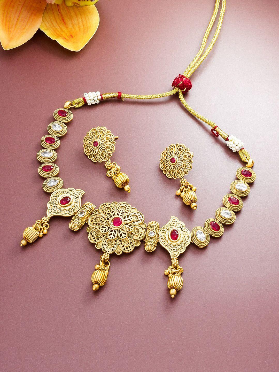 aadita women gold- plated & red choker jewellery set