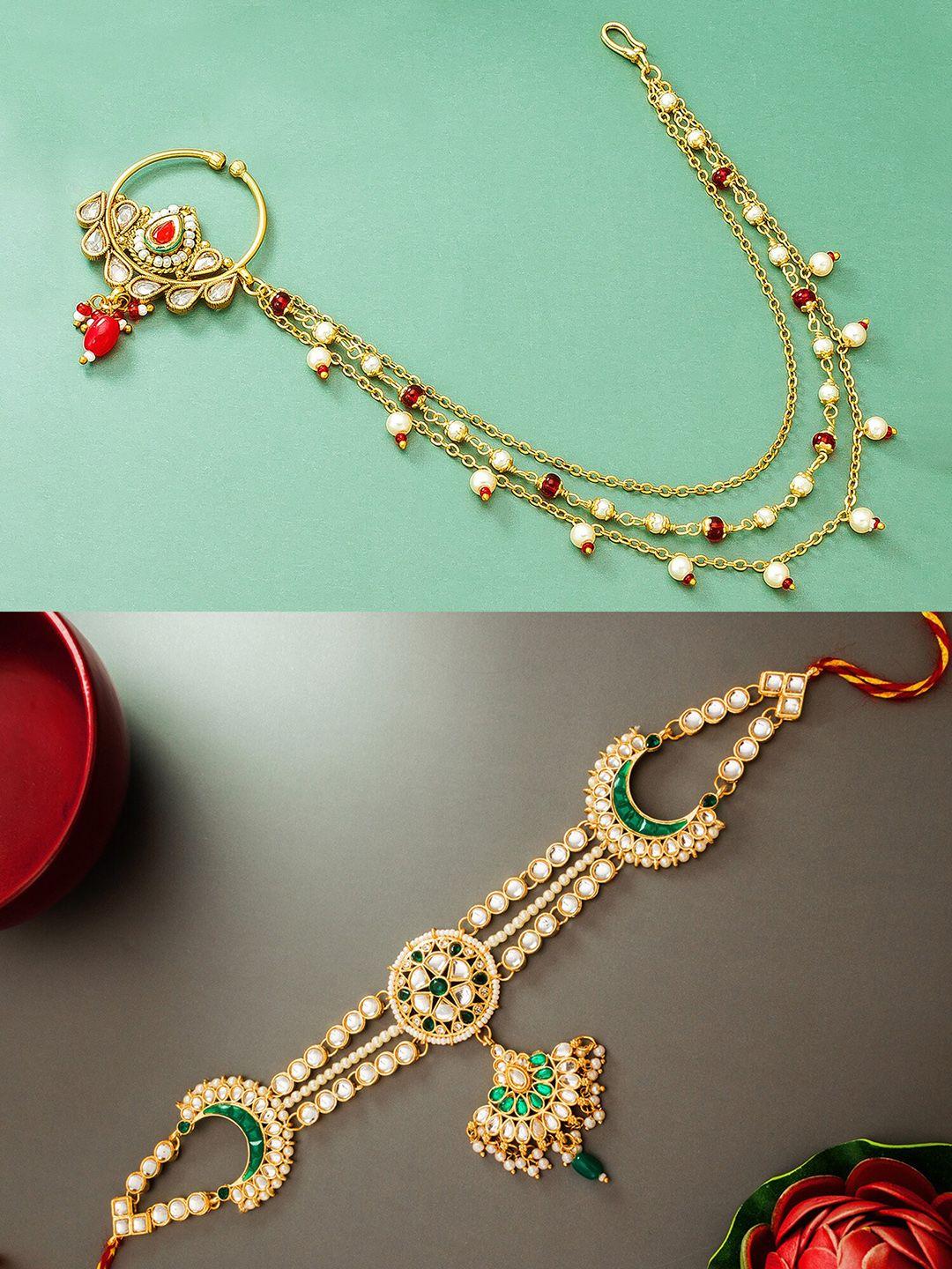 aadita women gold-plated  red & green stone studded jewellery set
